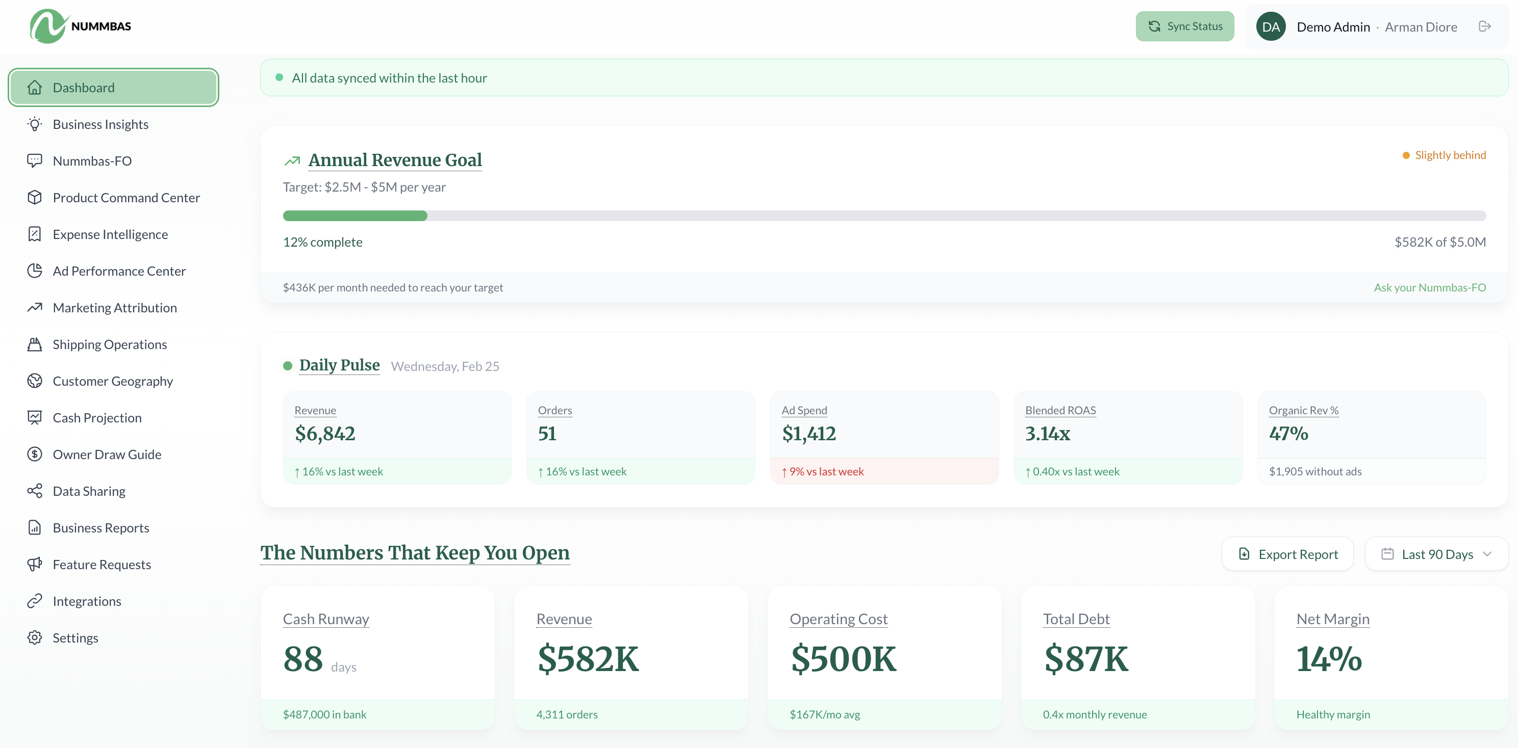 Nummbas dashboard showing revenue, expenses, margins, and cash runway
